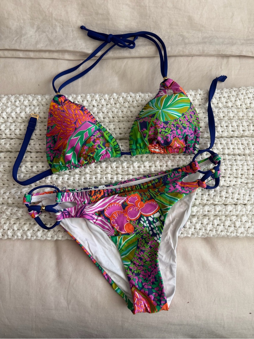 Trina Turk Multicolor Floral & Leaf Print Bikini with Navy Straps